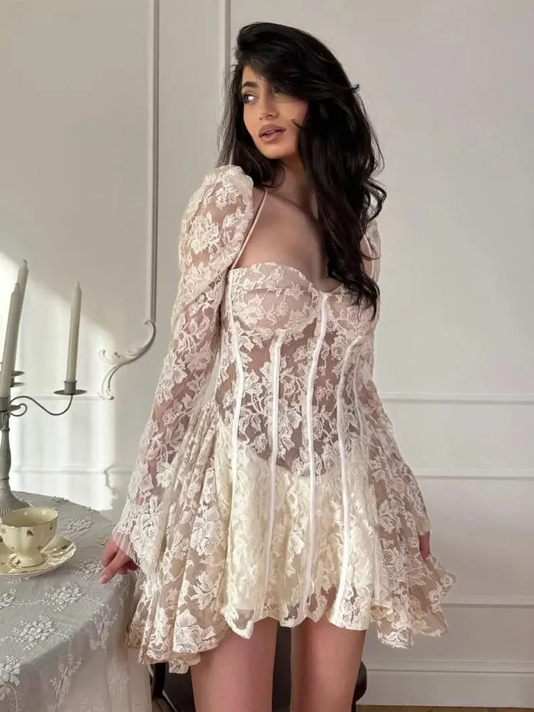 Mini vestido de renda branca com espinha de peixe, mini vestido feminino chique sem costas manga comprida transparente vestidos linha a 2026 robe para festa à noite