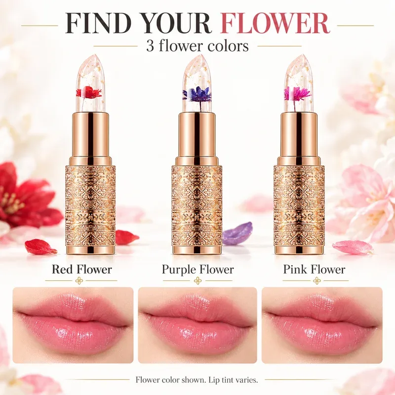 Crystal Flower Jelly Lipstick Color Changing Clear Lip Tint Glossy Pink Finish Gold Case 3 Flower Colors for Everyday Makeup
