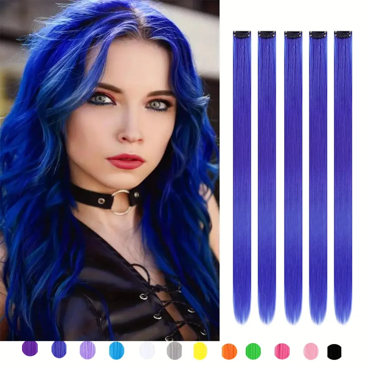 5Packs Colored Hair Extensions 22Inch Straight Color Clip in on Hair Extension Rainbow Party Highlights Synthetic Hair