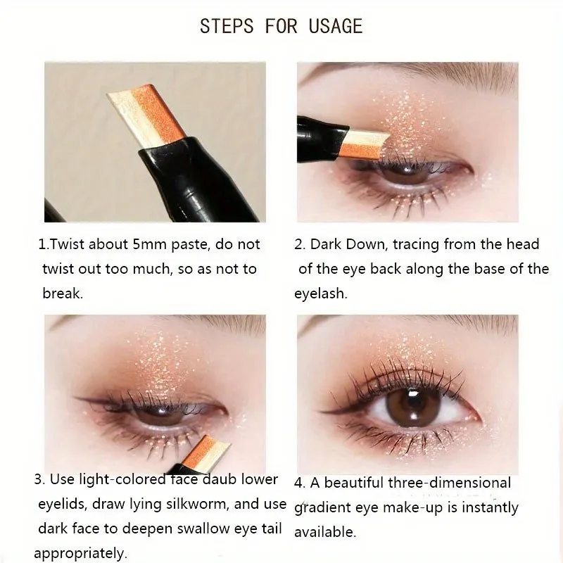 Glitter Double Color Gradient Eyeshadow Stick Pencil Two Tone Shimmer Metallic Lazy Eye Shadow Pen Waterproof 2 in 1 Eye Makeup — image 6