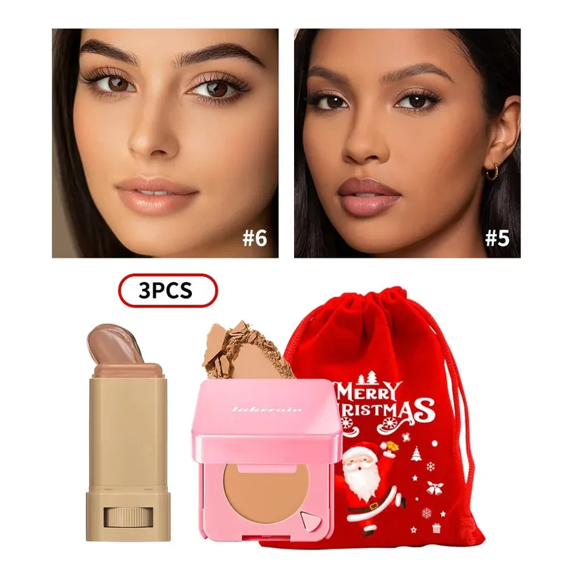3Pcs Foundation Stick Face Pressed Powder Compact with Christmas Drawstring Bag Long Lasting Matte Face Cosmetic Christmas Gift