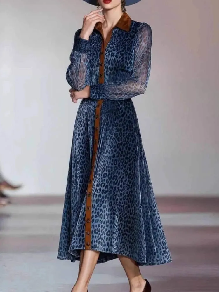 ผู้หญิงElegantชุดเสือดาวพิมพ์ชุดตาข่ายColorblockปกเดี่ยวBreasted Vintage Chicแขนยาวชุด