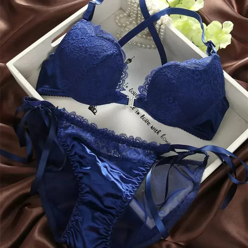 Sexy Lace Bra Set Front-Buckle Backless Push Up Adjustable Lingerie