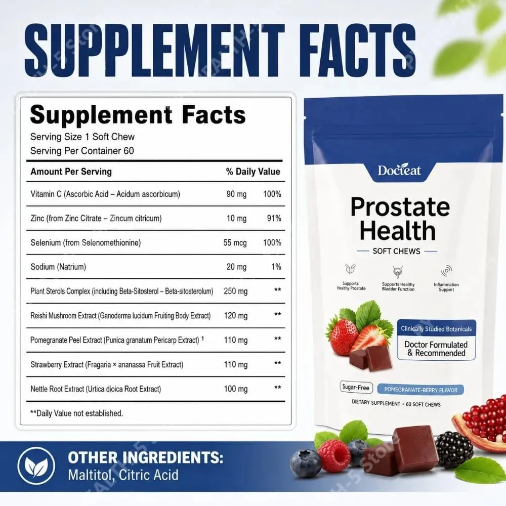 Docteat Prostate Health Soft Chews Sugar-Free with Vitamin C Zinc and Selenium for Immune System Balance 60 Soft Chews