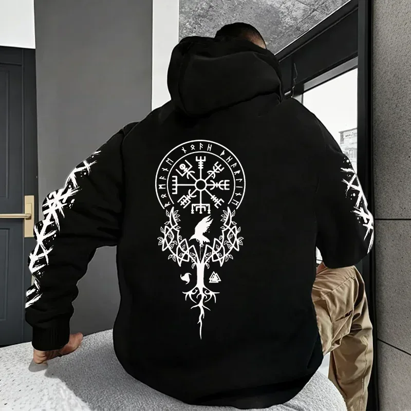 Edisi Musim Sejuk dan Musim Luruh Viking Nordic Runes Bercetak Baju Bertudung Lelaki Bersaiz Besar untuk Pakaian Kasual Jalanan