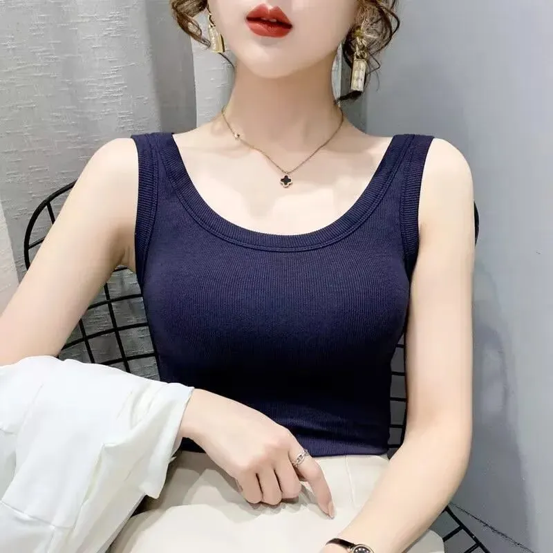 2023 Summer Women Basic Ribbed Knitted Tank Top Solid Color Sleeveless T-shirts Casual Camis Green Blue Elastic Female Tops