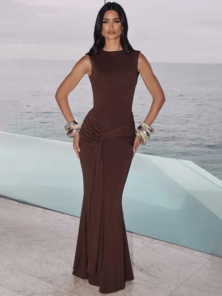 Mozision Backless Draped Ruched Sexy Maxi Dress Women Gown Elegant O Neck Sleeveless High Waist Skinny Club Party Long Dresses