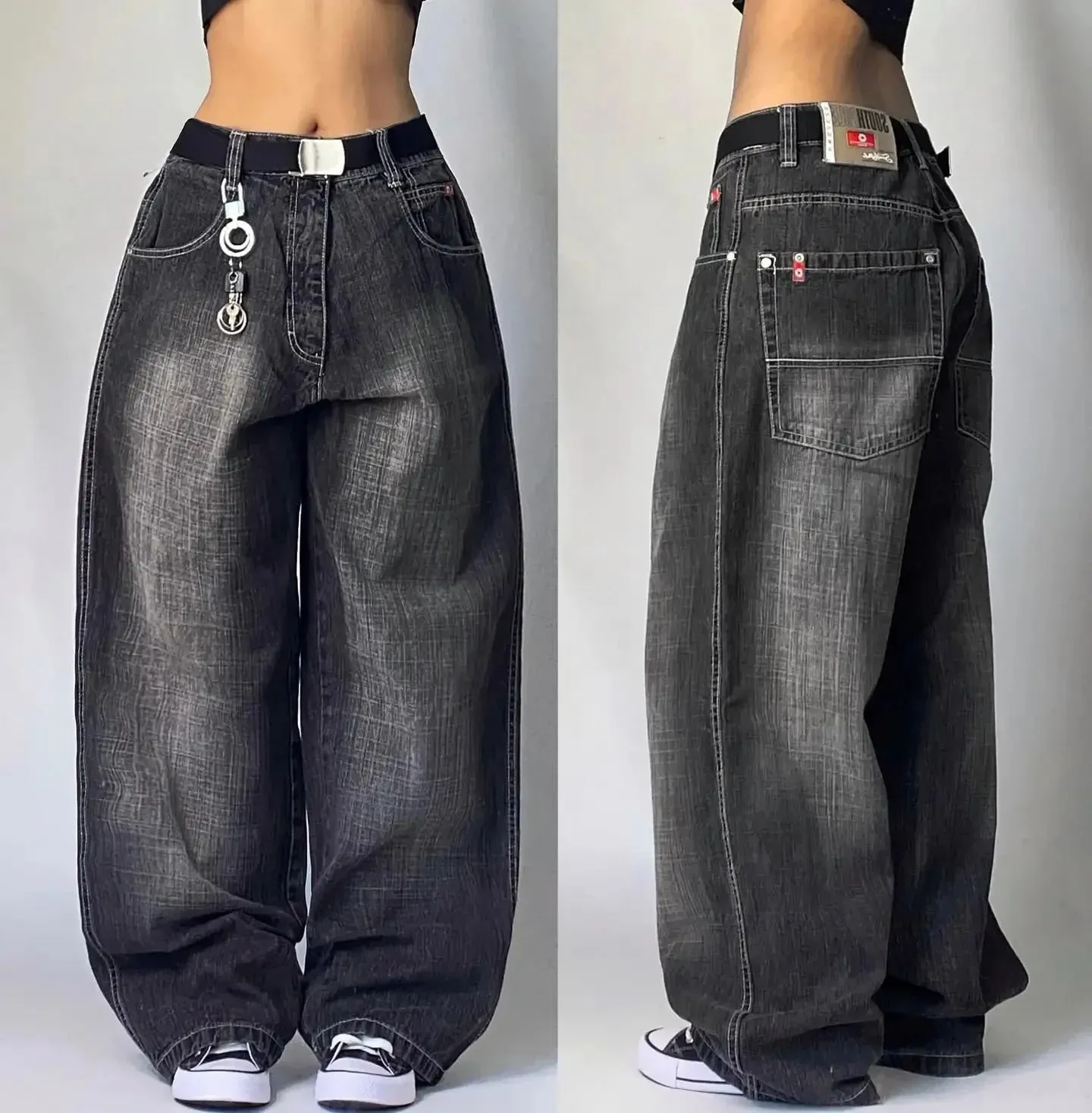 90s Gothic Centipede Embroidery Washed Oversized Wide-Leg Pants Jeans Men Y2K New Harajuku Punk Hip-Hop Rock Couple Street Wear