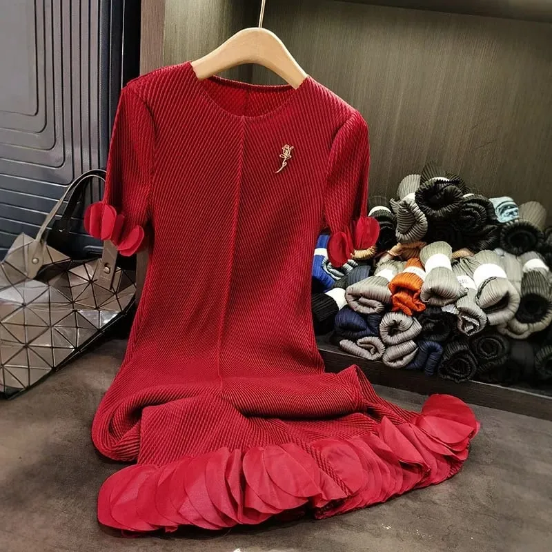 Miyake Pleated Dresses 2025 Summer New Plisse Round Neck Fold Elegant Pleat Solid Loose Thin Short Sleeve Pleats Dress Women