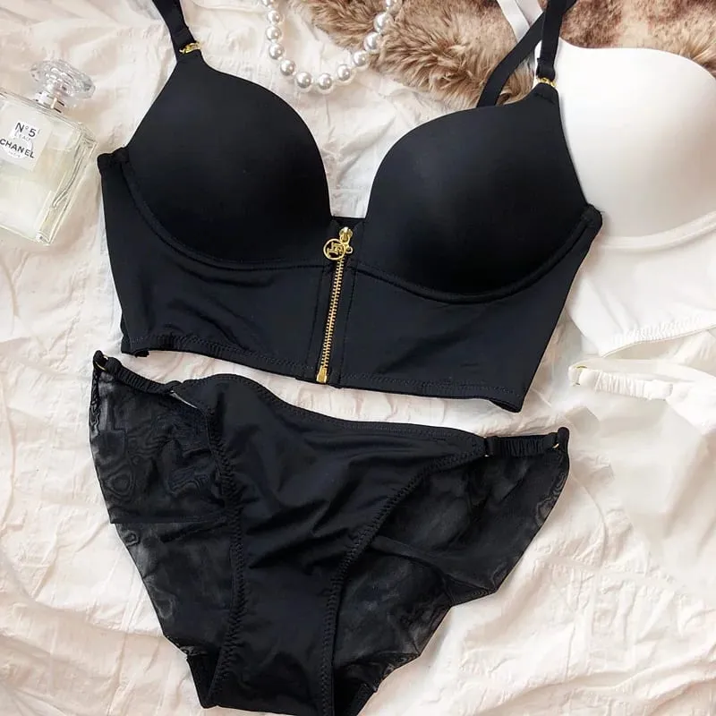 Sexy underwear without steel ring women's bra set gathered side collection comfortable zipper vest models lingerie panty