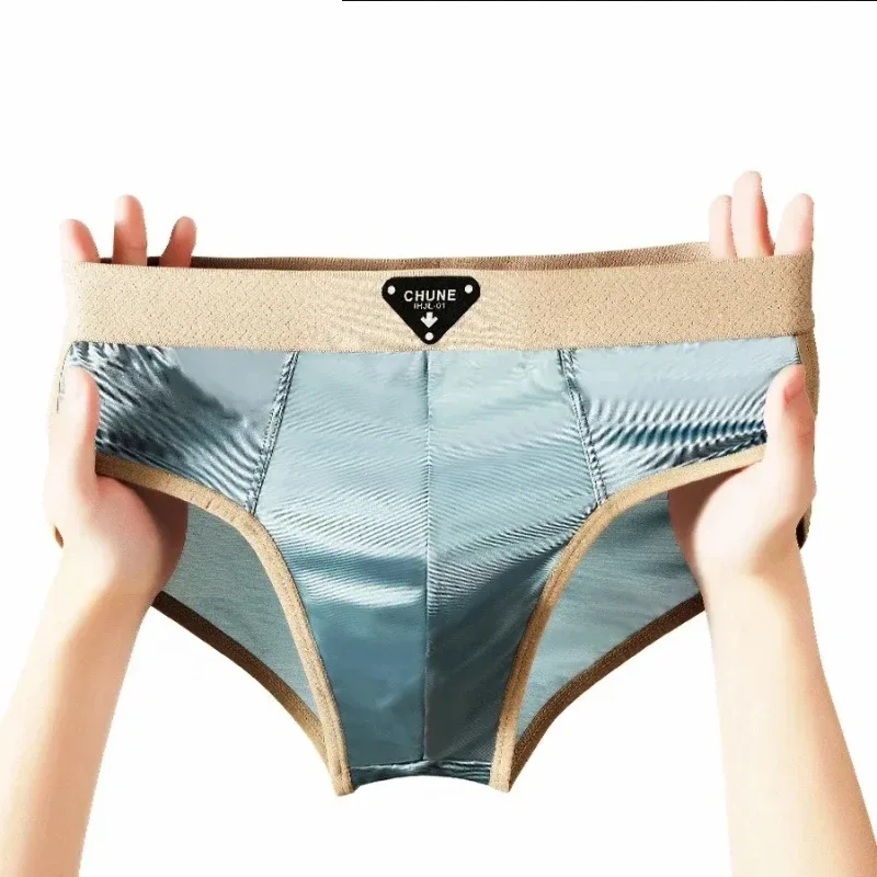 Slips en soie glacée pour hommes, sous-vêtements semblables à du Satin, sous-vêtements d'été respirants à séchage rapide, sous-vêtements Sexy avec pochette en U, 1/3 pièces
