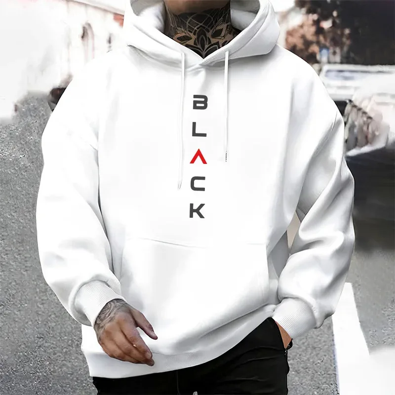 Black Letter Print Hoodies for Man Autumn Winter Hot Sale High Quality Hooded Sweatshirt Home Outdoor Casual Sport Warm Pullover — image 3