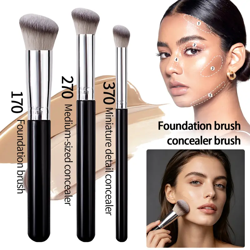3PCS Professional Foundation & Concealer Brush Set Dense Hair Brushes for Liquid Foundation Medium & Mini Concealer Flawless