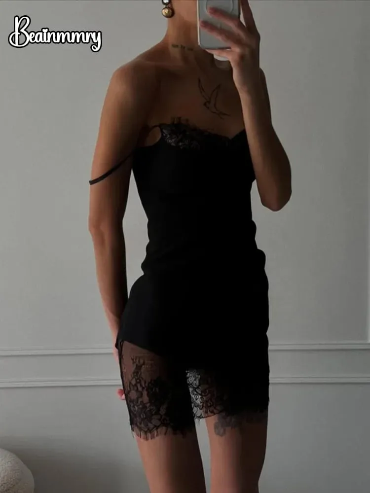 Senhora sólida renda guarnição transparente vestido de camisola feminina cintura cinched magro ajuste sem mangas vestidos 2026 nova festa diária vestido curto