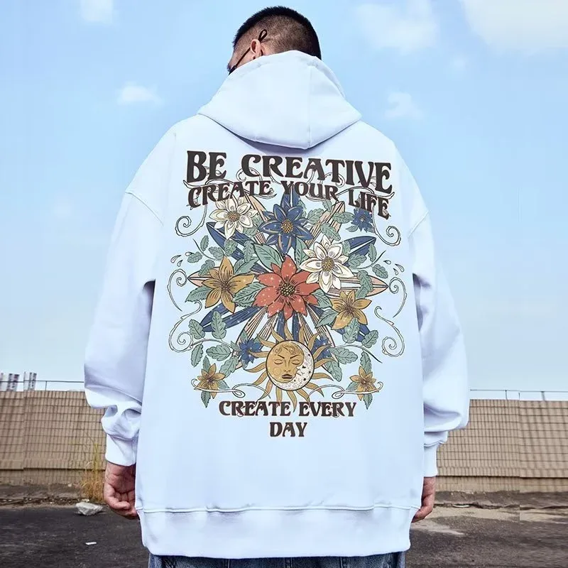 M-8XL oversized hoodies masculino americano sol lua flor impressão oversized hoodie solto moletom com capuz grande estudante