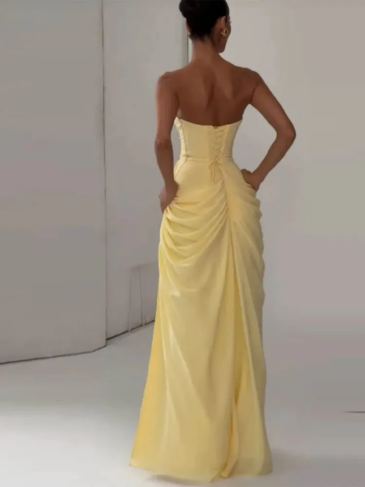 Elegant High Waist Bodycon Maxi Dress Strapless Pleated Hem Corset Party Robes Luxury Vestidos 2026 New Lady Evening Gowns