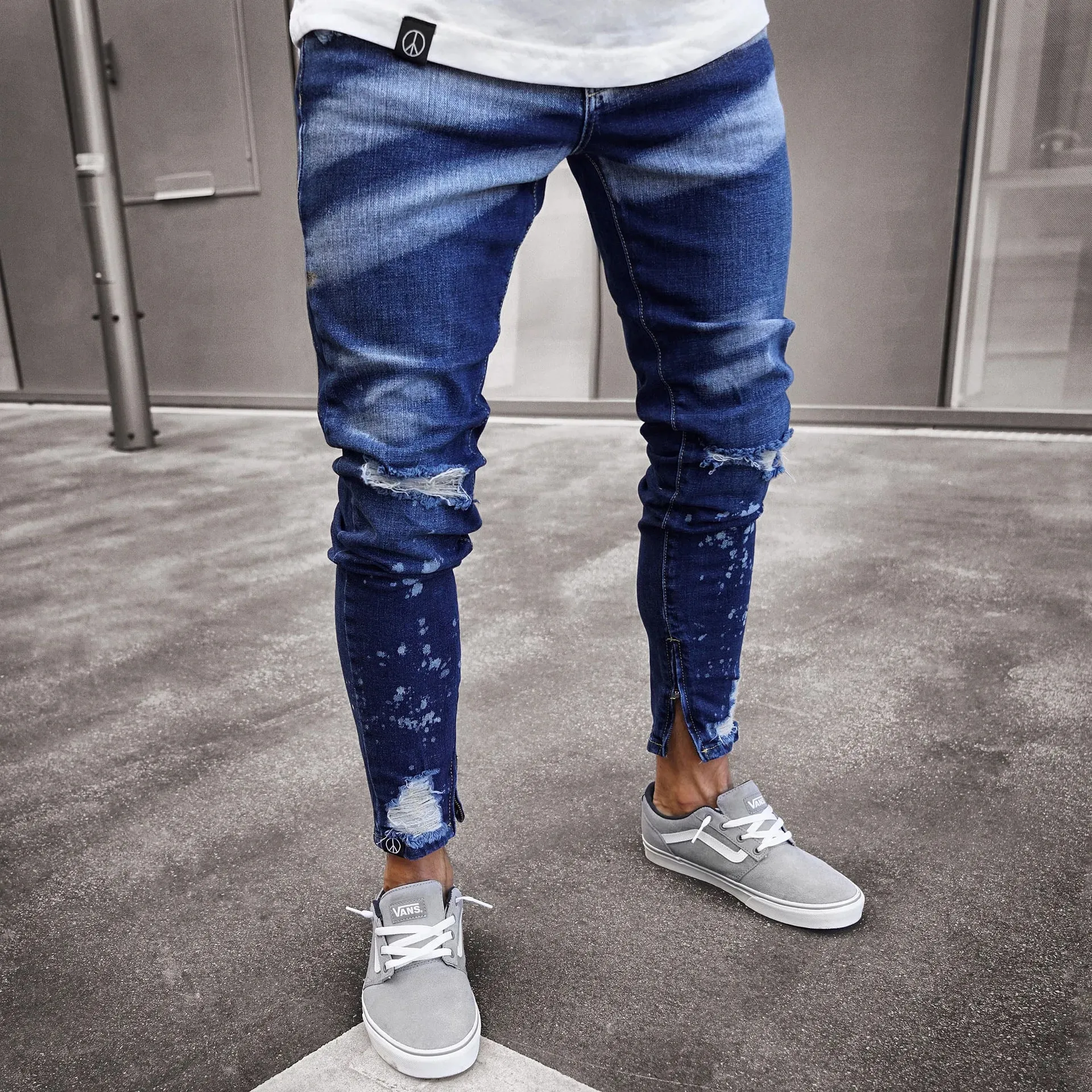 Men Denim Jeans Pencil Pant Vintage Slim Fit High Waist Frayed Hole Wash Trousers Y2k Streetwear Splice Work Casual 2026 Spring — image 7