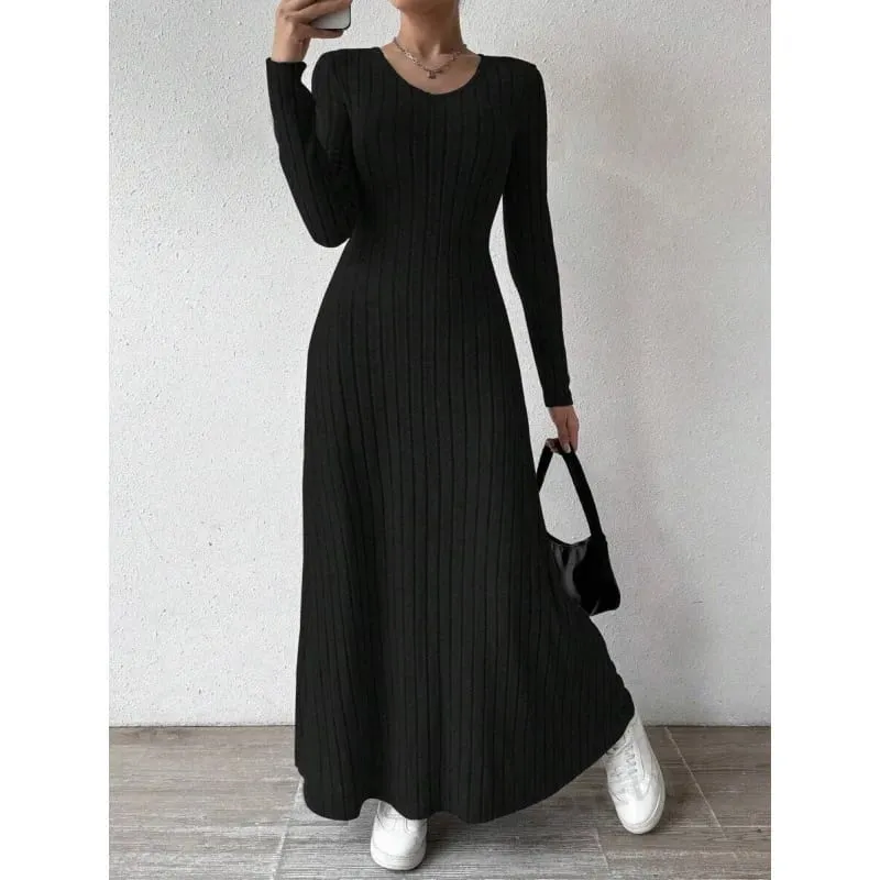 Fashionable Knitted Long Sleeve A-Line Dress Slim Fit Solid Color Street Style Women's Dress Comfortable Casual Elegant Commute