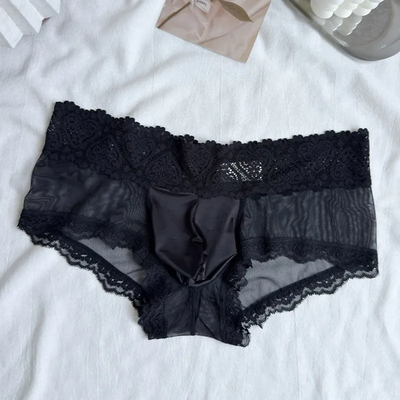 Cuecas masculinas de seda gelo com acabamento de renda fina e sem costura brilhante bolsa 3D calcinha leve confortável lingerie diária