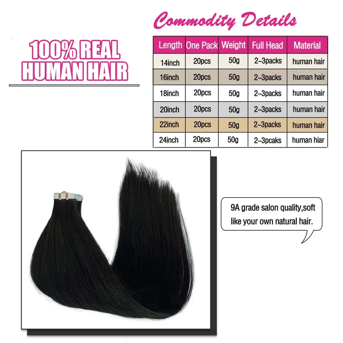 Tape In Hair Extensions Remy Human Hair 20pcs Straight Seamless Skin Weft Tape Hair Extensions Natural Black Hair For Women — image 7