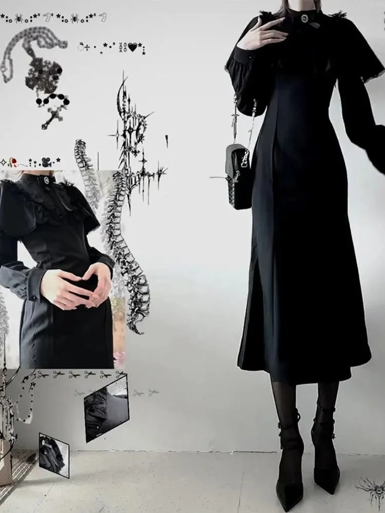 Streetwear Black Vintage Lace Patchwork Dresses Grunge Y2k Aesthetic Pleated Vestidos Gothic Harajuku Woman Bodycon Bow Dress