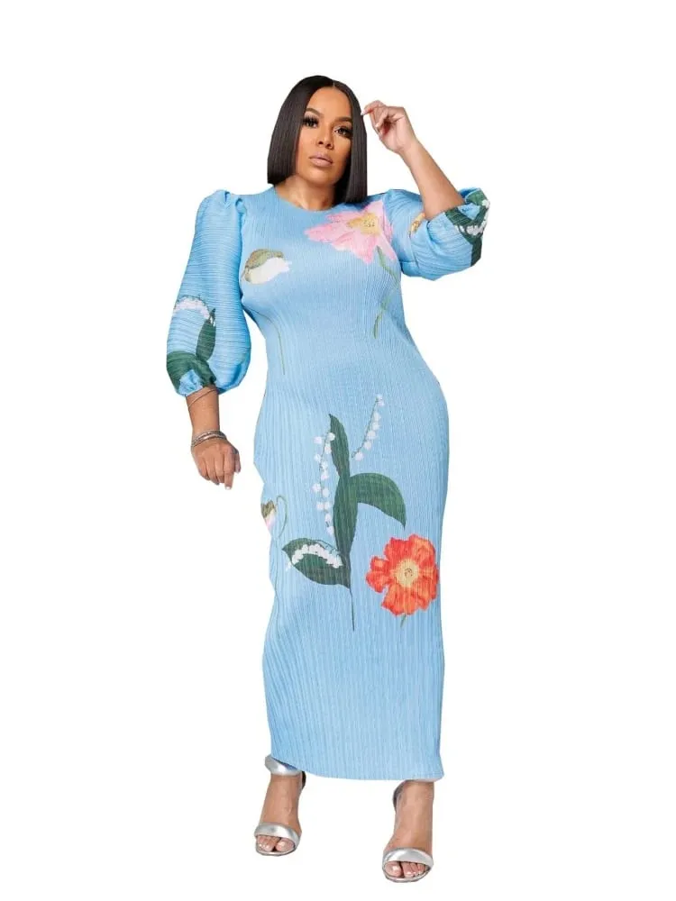 Wmstar vestidos femininos atacado moda senhoras de alta qualidade manga lanterna plissado flor impressão em torno do pescoço maxi vestido novo verão — image 6