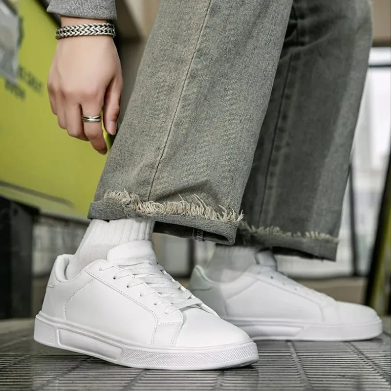 Men's Shoes White Sneakers PU Leather Solid Men Casual Shoes Lightweight Soft Women Vulcanized Shoes Couple Lace-up Running Shoe