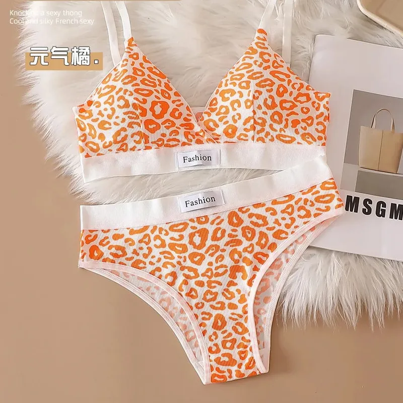 Women Seamless Bra Set Low Waist Panties Leopard Bralette Sexy Lingerie Set Vneck Sport Brassiere Female Cotton Underwear Set
