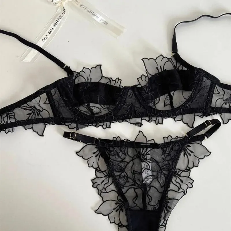 kuclut Lightweight Bra Set Soft Underwire for Lift and Support Prevents Sagging Exquisite Embroidered Lingerie Two-Piece Set