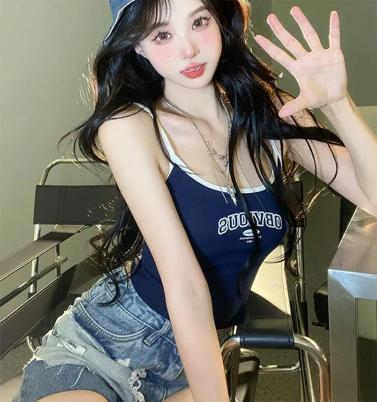 Summer Hot Picture Printing Girl Student Spaghetti-Strap Camisole Top Sexy Outerwear Fixed Cup Chest Pad Chest Wrap Underwear Fe