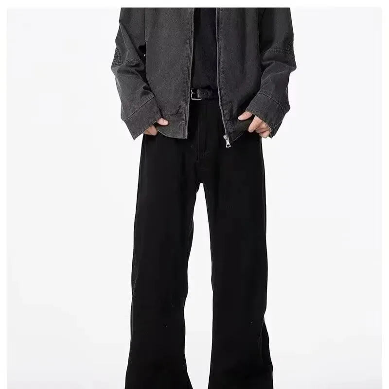 American basic washed black micro flared jeans men's stretch straight leg solid color slim fit straight leg versatile pants