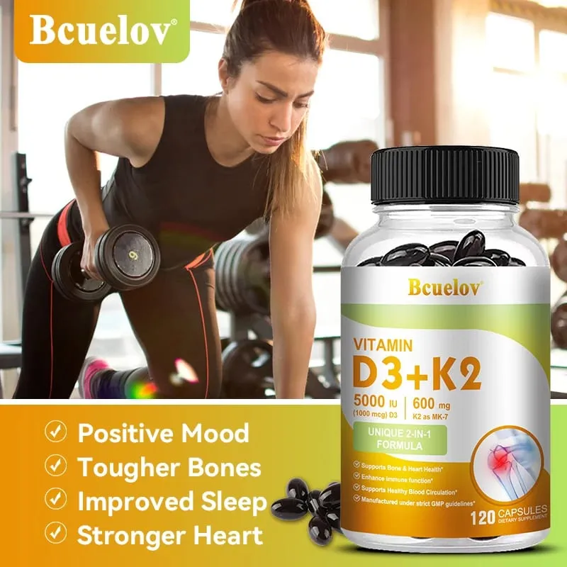 Bcuelov Vitamin D3+K2 5000 IU Vitamin D3 non-GMO formula easy-to-swallow vitamin D and K complex dietary supplement