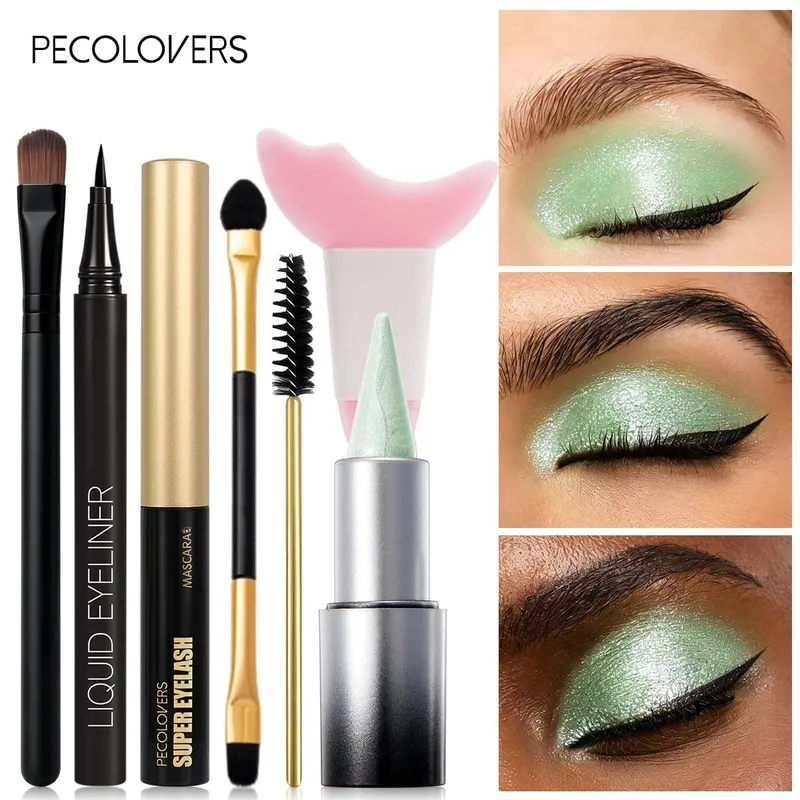 7PCS/Set Green Eyeshadow Stick + Black Eyeliner + Mascara + Brush Set – Shimmer & Matte Finish Waterproof Smooth Application