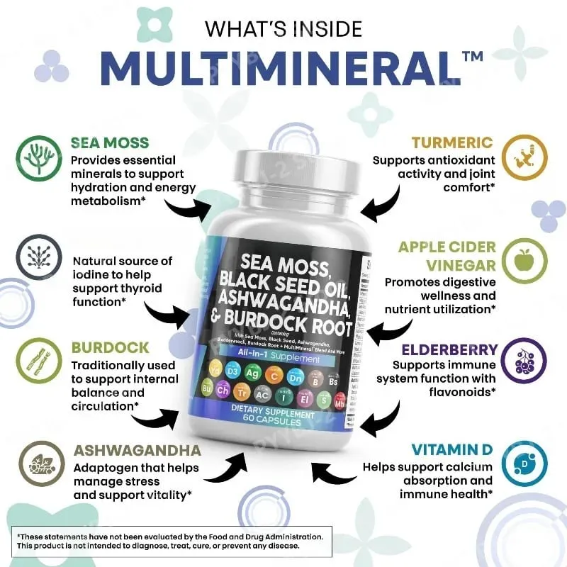 Sea Moss Capsules Contain Black Seed Turmeric & Vitamin D Plant-Based Daily Mineral All in One Supplement 60 Count Per Bottle