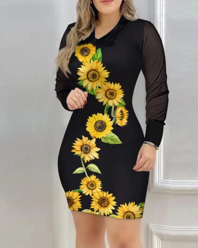 Elegant Dress For Women Fall Mesh Long Sleeve Turn-down Collar Printed Dress