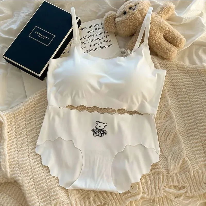 Women's Seamless Wireless Bralette Set Cute Bear Print No Trace Bra & Panty Comfort Lingerie for Daily Wear