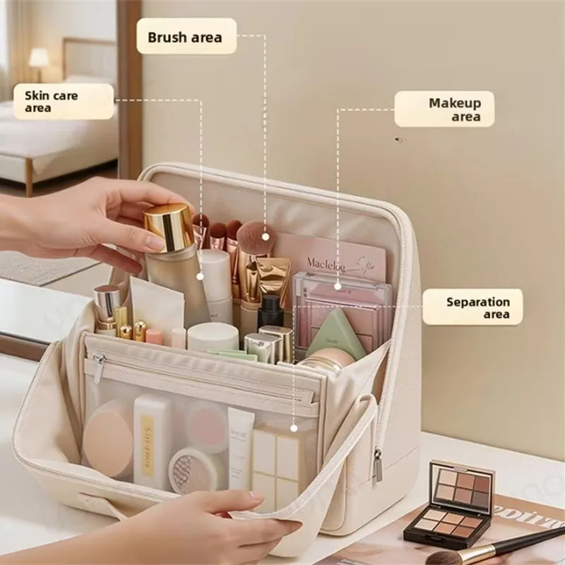 Standing Makeup Brushes Storage Bag PU Leather Multi Compartment Cosmetic Tools Bag Large Capacity Skincare Toiletry Organizer