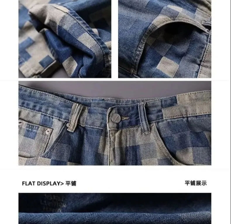 Y2k Streetwear Plaid Baggy Jeans Men Straight Wide Leg Loose Pants Fashion Hip Hop Washed Vintage Denim Pants Trousers