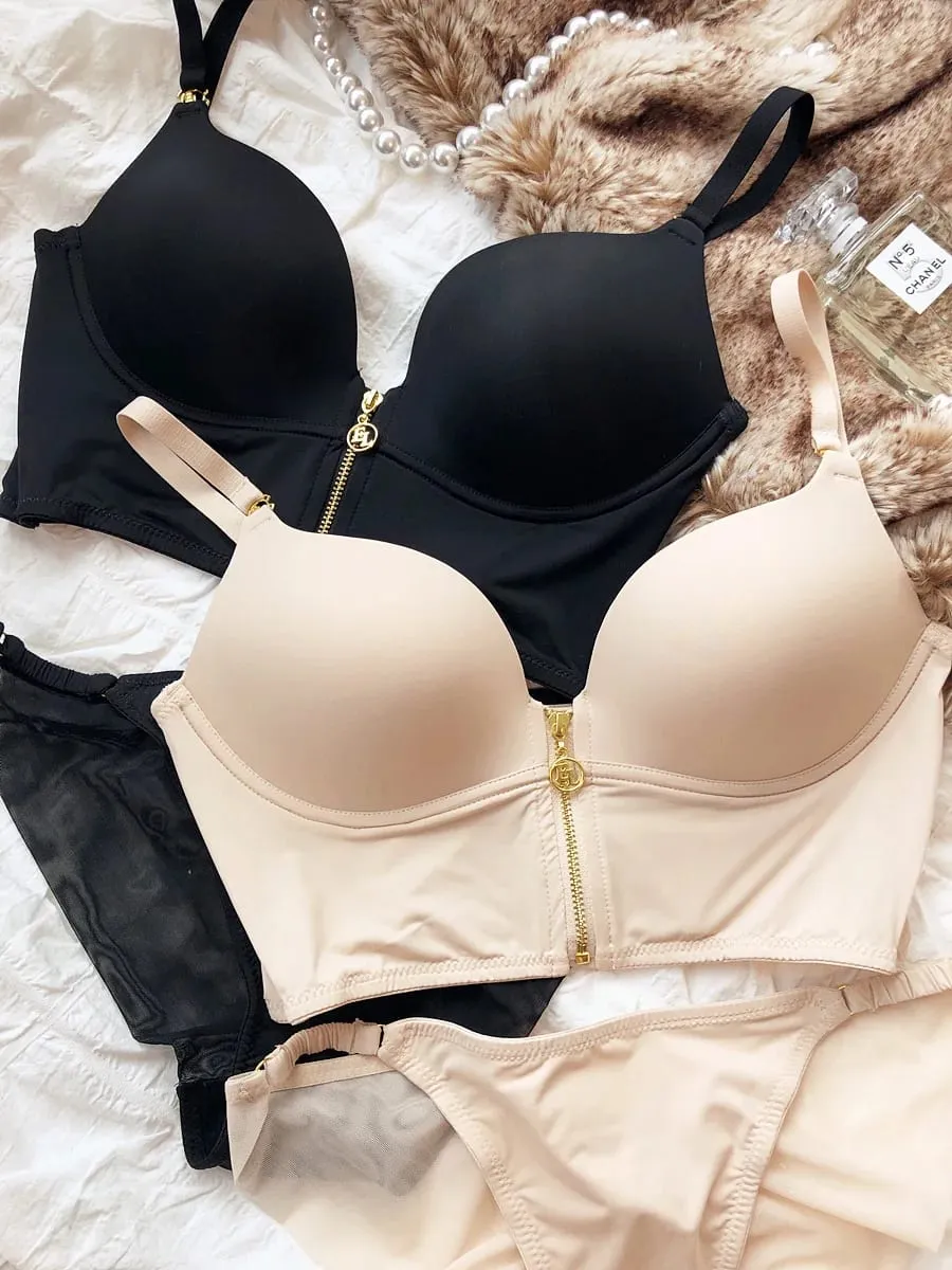 Sexy underwear without steel ring women's bra set gathered side collection comfortable zipper vest models lingerie panty