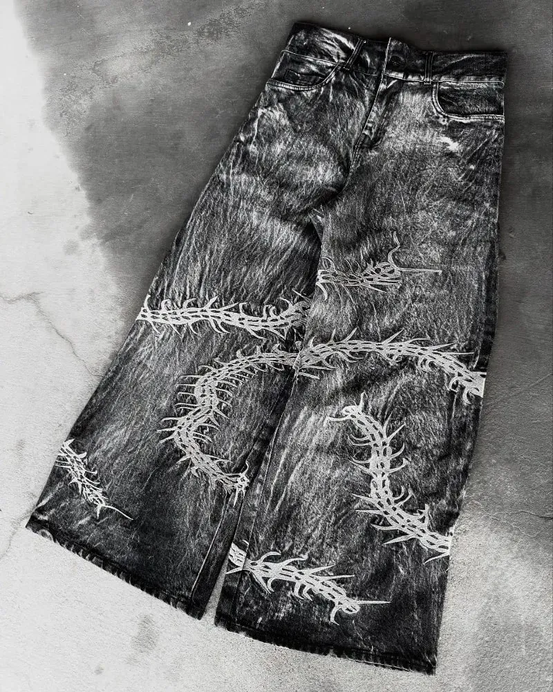 90s Gothic Centipede Embroidery Washed Oversized Wide-Leg Pants Jeans Men Y2K New Harajuku Punk Hip-Hop Rock Couple Street Wear