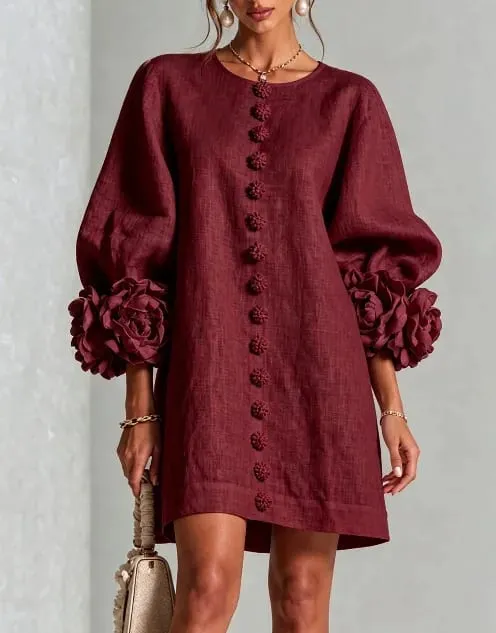 Women Spring Autumn 3D Flower Long Lantern Sleeve Cotton Linen Mini Dress Solid Crew Neck Loose Elegant Daily Wear Short Dress