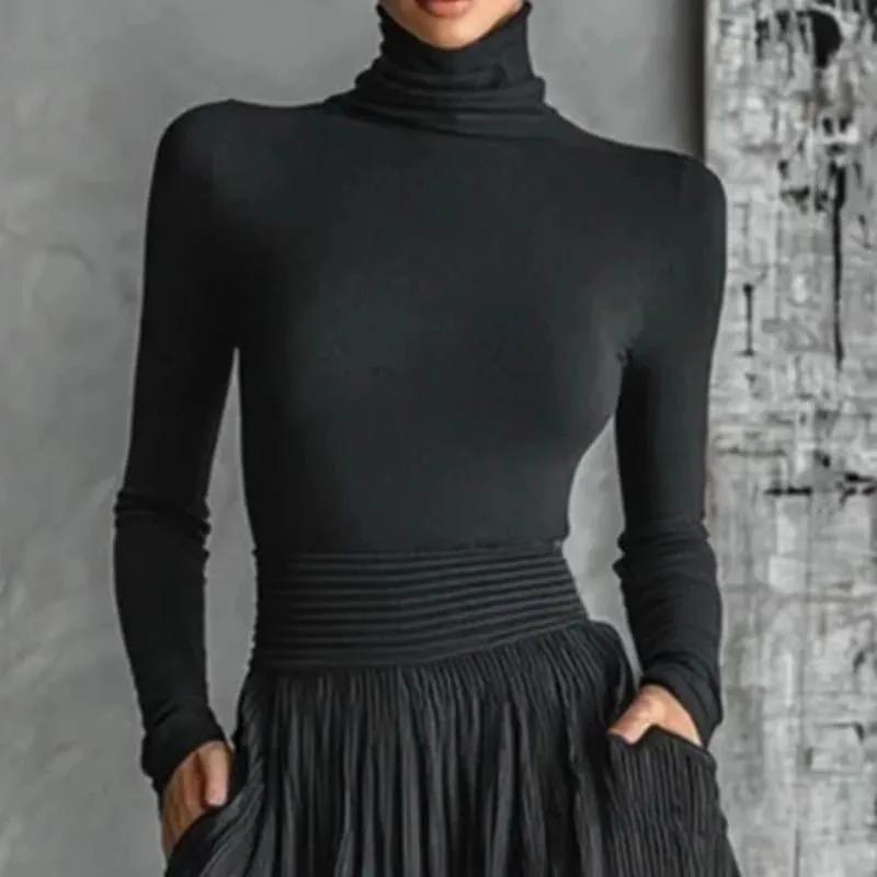 France Elegantes zweiteiliges Rock-Set für Damen, Taschen, solide, minimalistisch, geteilter Saum, plissiert, A-Linie, Vintage-Rollkragen, schmale Anzüge — image 5