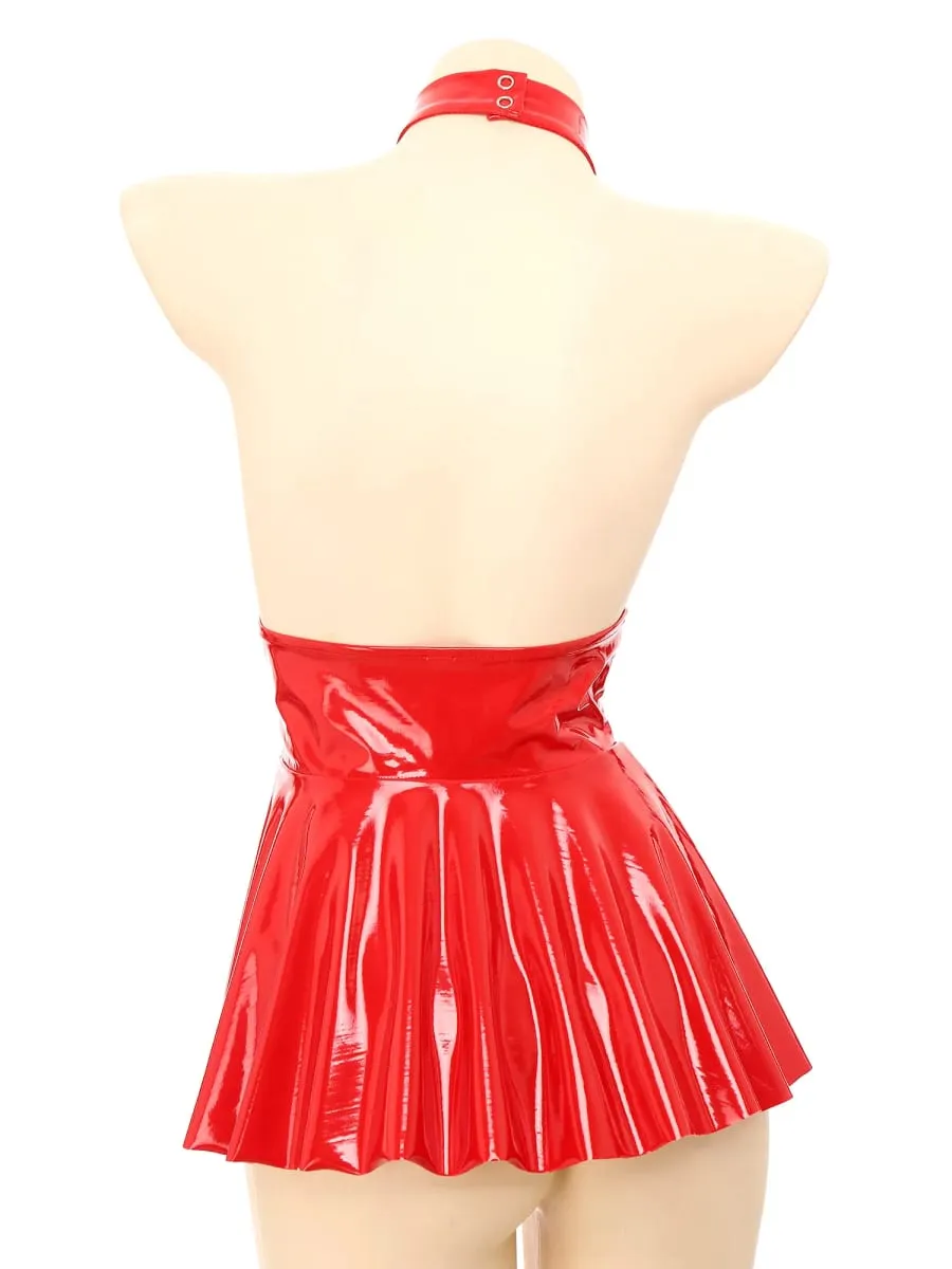 Womens Shiny Metallic Faux Leather Hollow Out Halter Backless Mini Skater Dress Wet Look Pleated A Line Skirt Party Clubwear