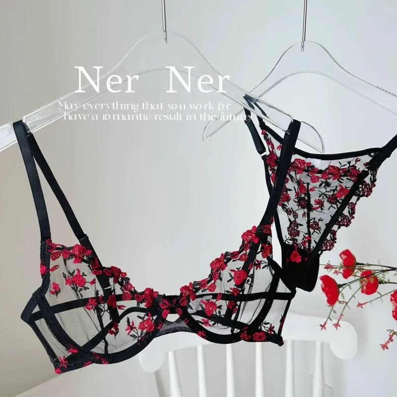 French Floral Bra Set Women | Sweet Sexy Sheer Mesh Lace Transparent Underwear Set | Practical & Feminine MOYISU Sexy Panty Set