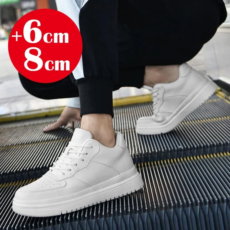 2026 New Height Increasing Shoes for Men 8cm Invisible Elevator Sneakers White Leathe Sport Zapatillas De Hombre Big Size 46