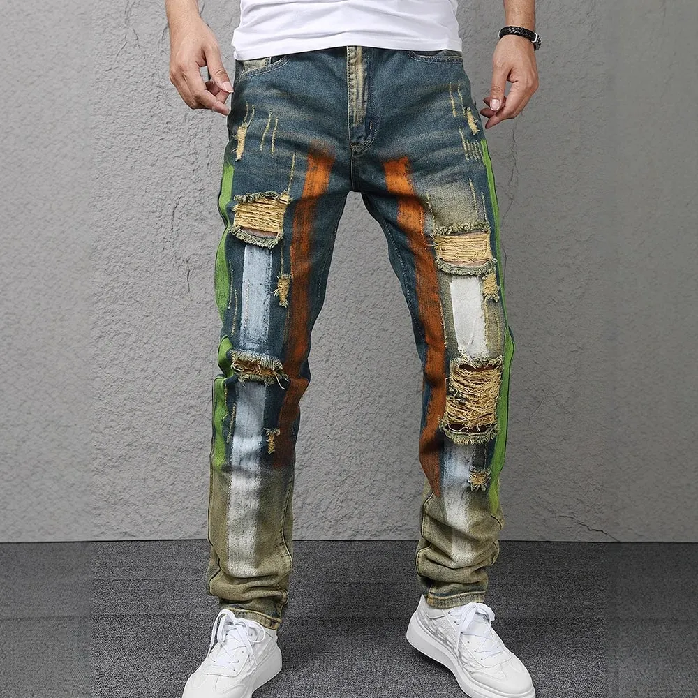 Men Painted Denim Jeans Contrast Color Holes Ripped Distressed Pants Non Stretch Cotton Slim Straight Trousers