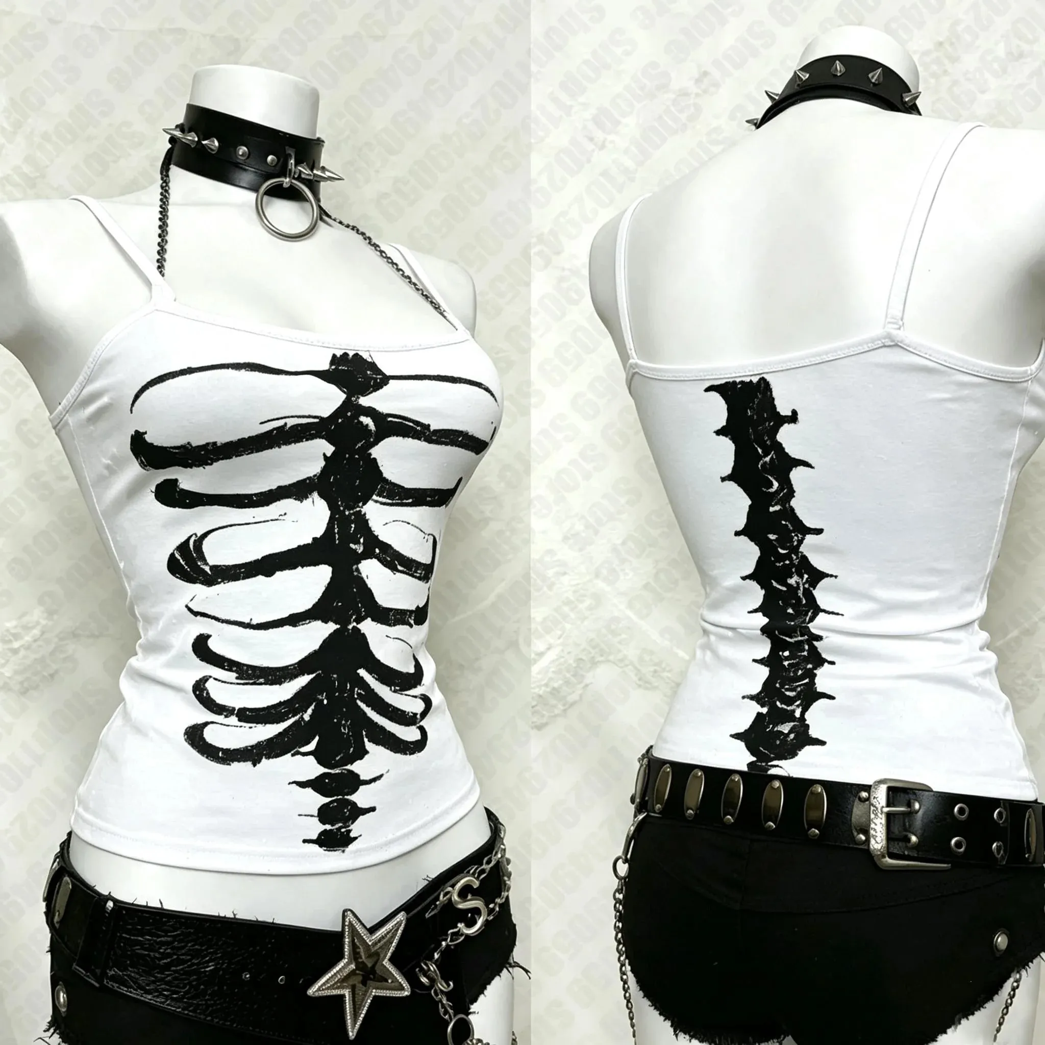Y2K Gothic Alt Sleeveless Crop Top Vintage Grunge Skeleton Front Back Graphic Slim Women Skeleton Ribcage Spine Cami Tank Tops