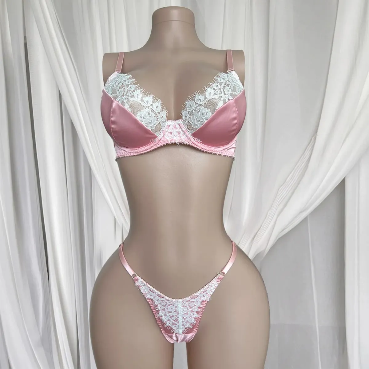 Ellolace conjuntos de lingerie feminina romântica coquette cetim renda sutiã tanga 2pc magro sensual quente traje doce juventude roupa interior da menina
