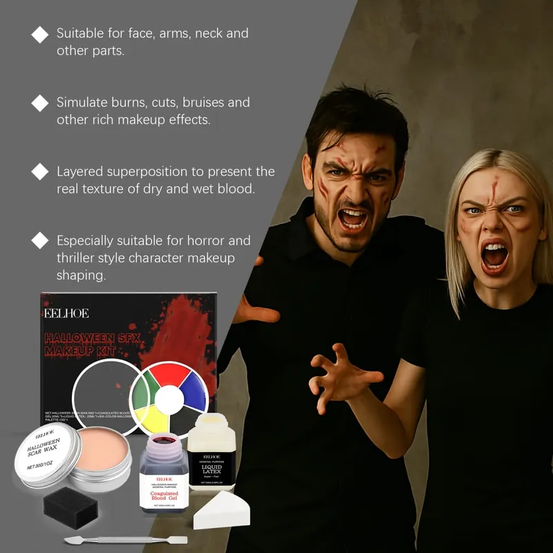Halloween Sfx Makeup Kit-Liquid Latex Fake Blood Scar Wax Body Paint Palette Sponge-Professional Special Effects Makeup Set