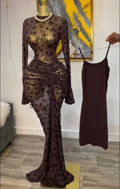 CM.YAYA 2025 Women Long Sleeve Ruched Mesh See Though with Lining Bodycon Long Dress Fall Evening Birthday Sexy Party Dresses